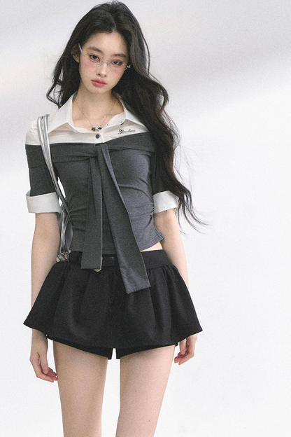 フレンチレディーウエストスリミングショートトップス