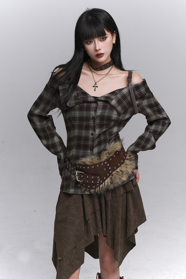 Y2K Checked Off-the-shoulder Shirt