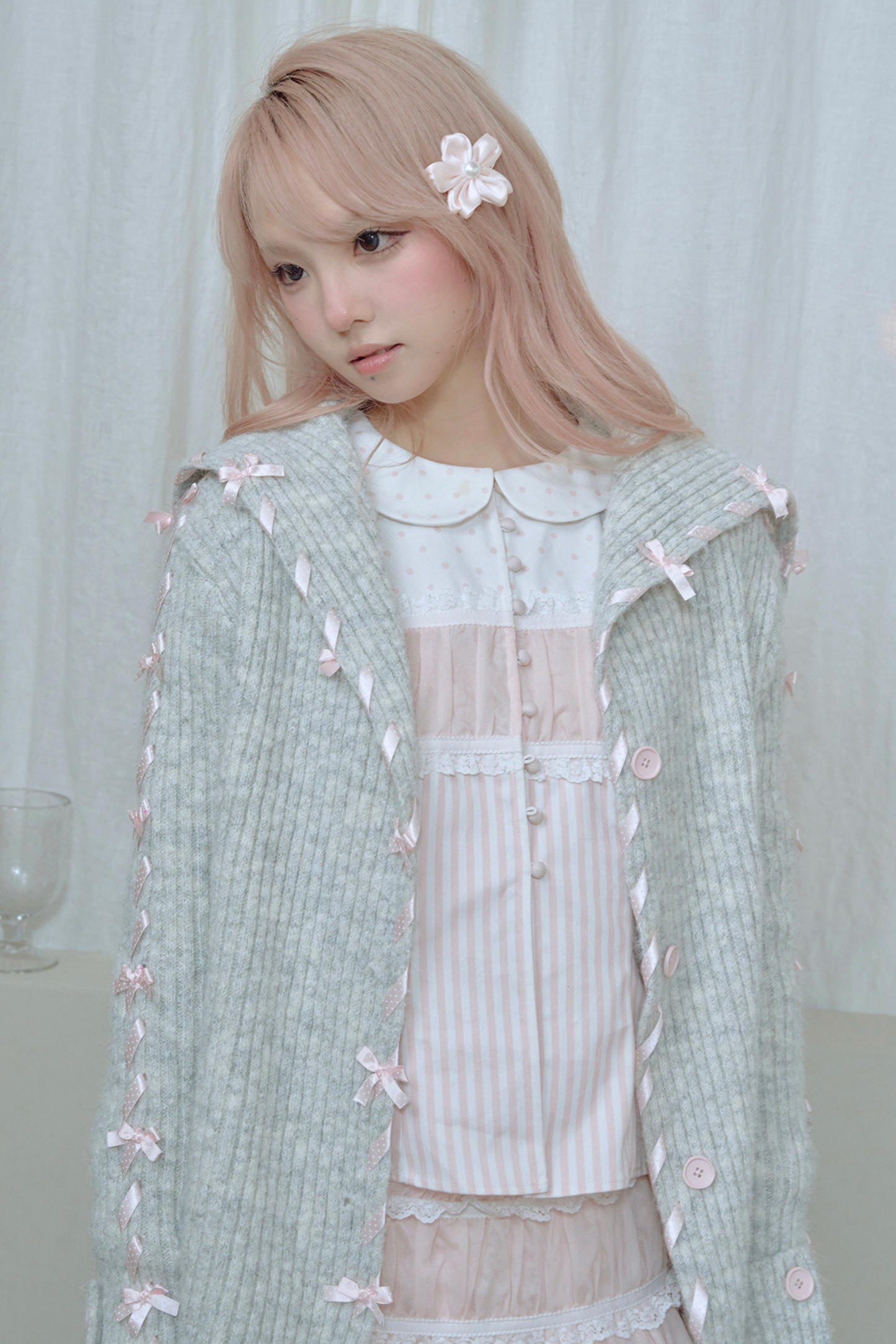 レースアップラインリボンニットカーディガン