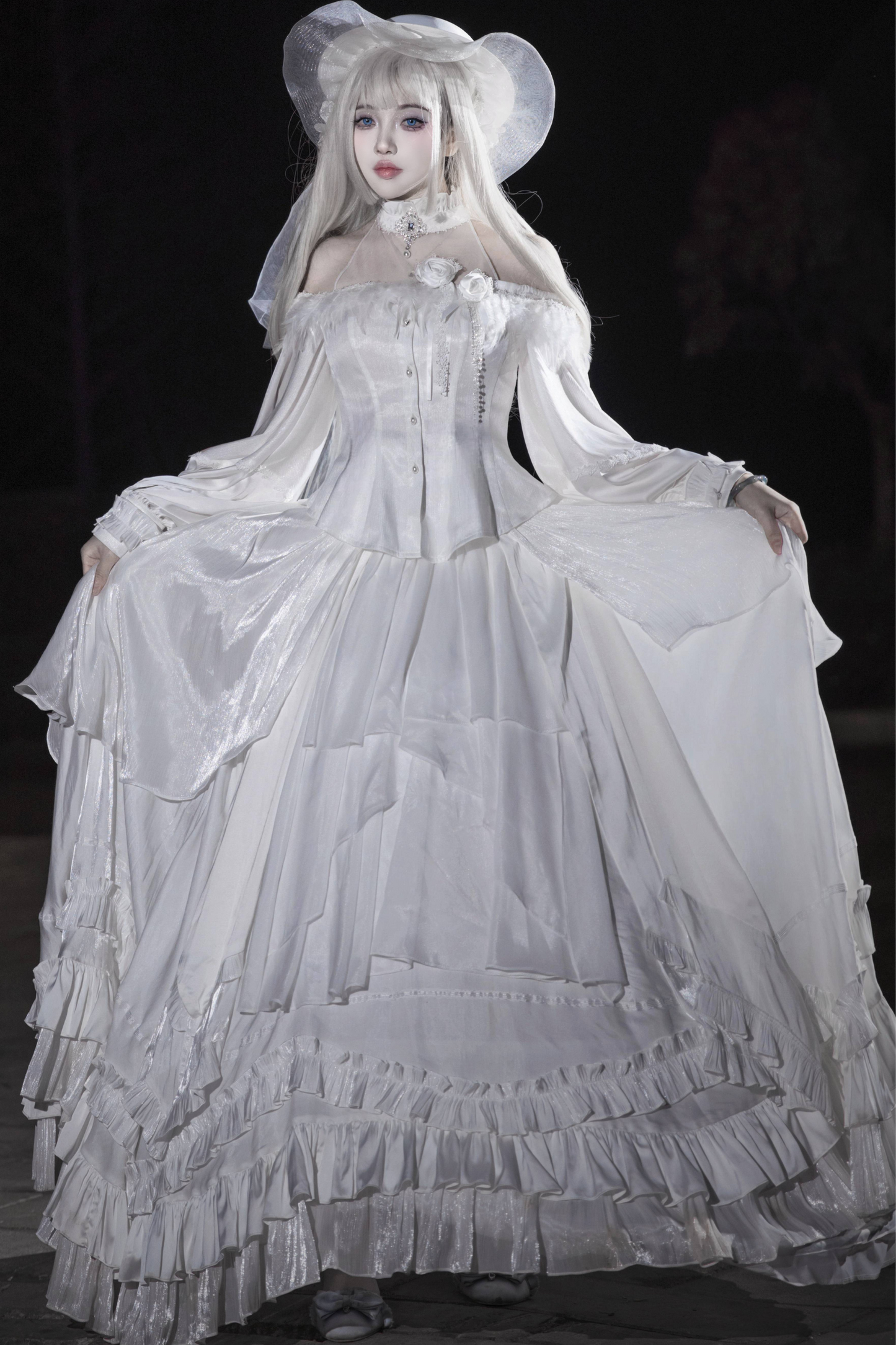 Off-the-shoulder shirt + oversized skirt