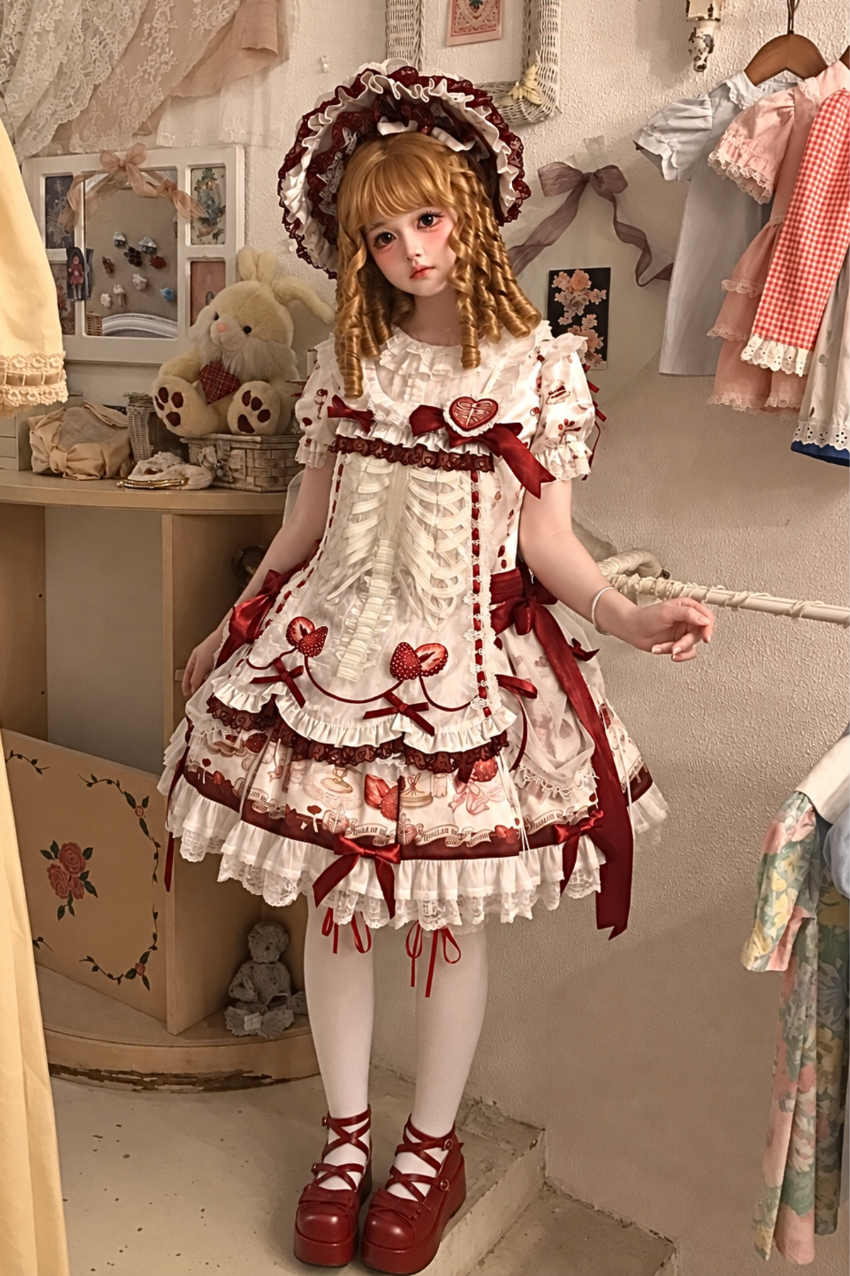 【11月4日予約締切】Strawberry Print Sweet Lolita Lace Bow JSK Dress + Puff Sleeve Lace Bow Doll Dress with Bone Embroidery Apron