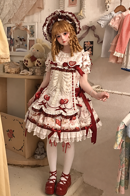 【11月4日予約締切】Strawberry Print Sweet Lolita Lace Bow JSK Dress + Puff Sleeve Lace Bow Doll Dress with Bone Embroidery Apron