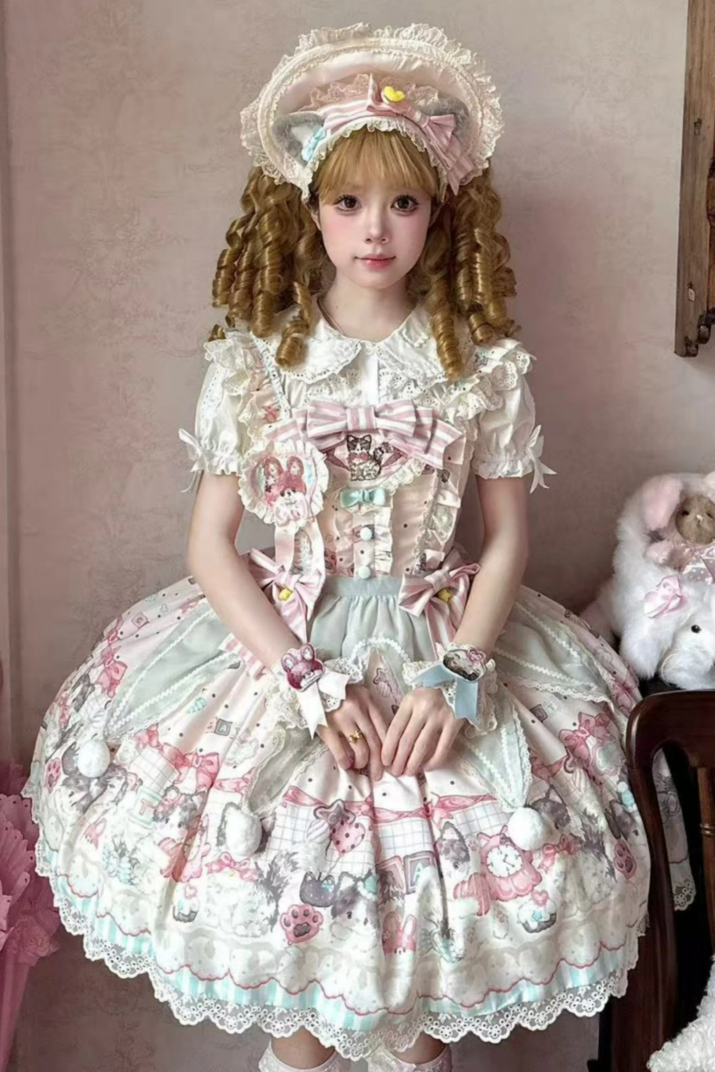 キャビネットロリータジャンパースカート+ドレス+ブローチ+ヘアバンド+ボンネット+エプロン+ハンドスリーブ