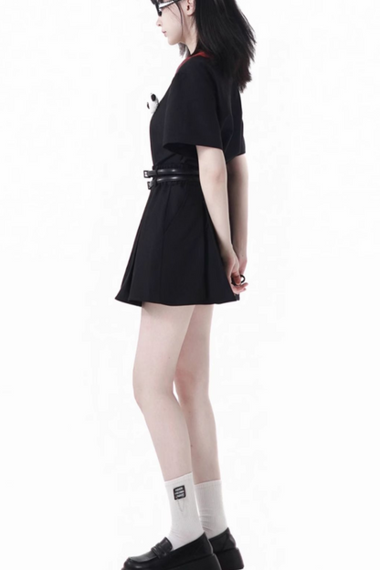 Love Comi Panda Checkered Dress + Pleated Skirt + Cropped Top