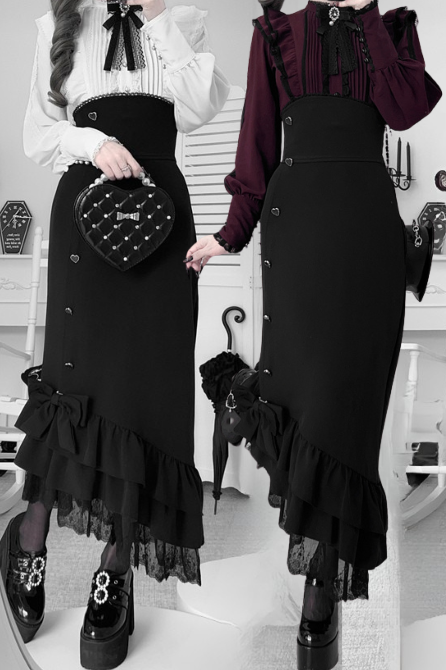 【数量限定】Heartbeat Love Songクリアエレガントリボンシャツ＋フィッシュテールスカートセット