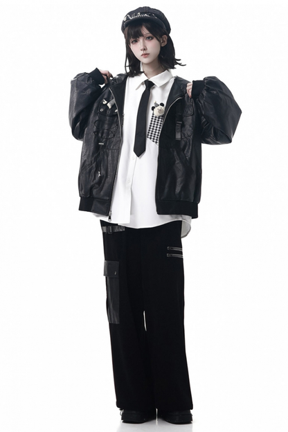 Leather jacket + shirt + long pants + sweatshirt + skirt