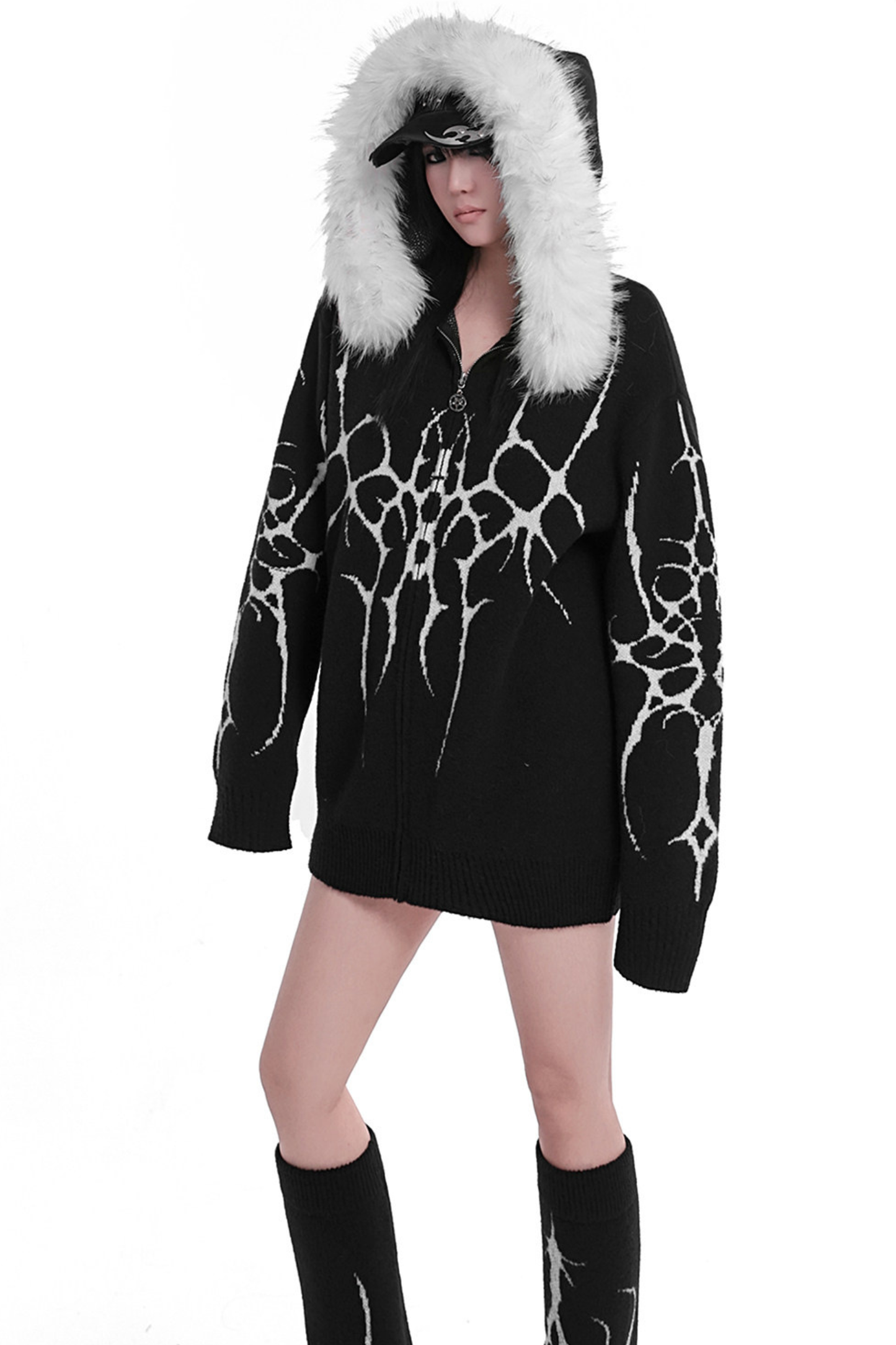 ゴシックファーフードルーズジップカーディガン