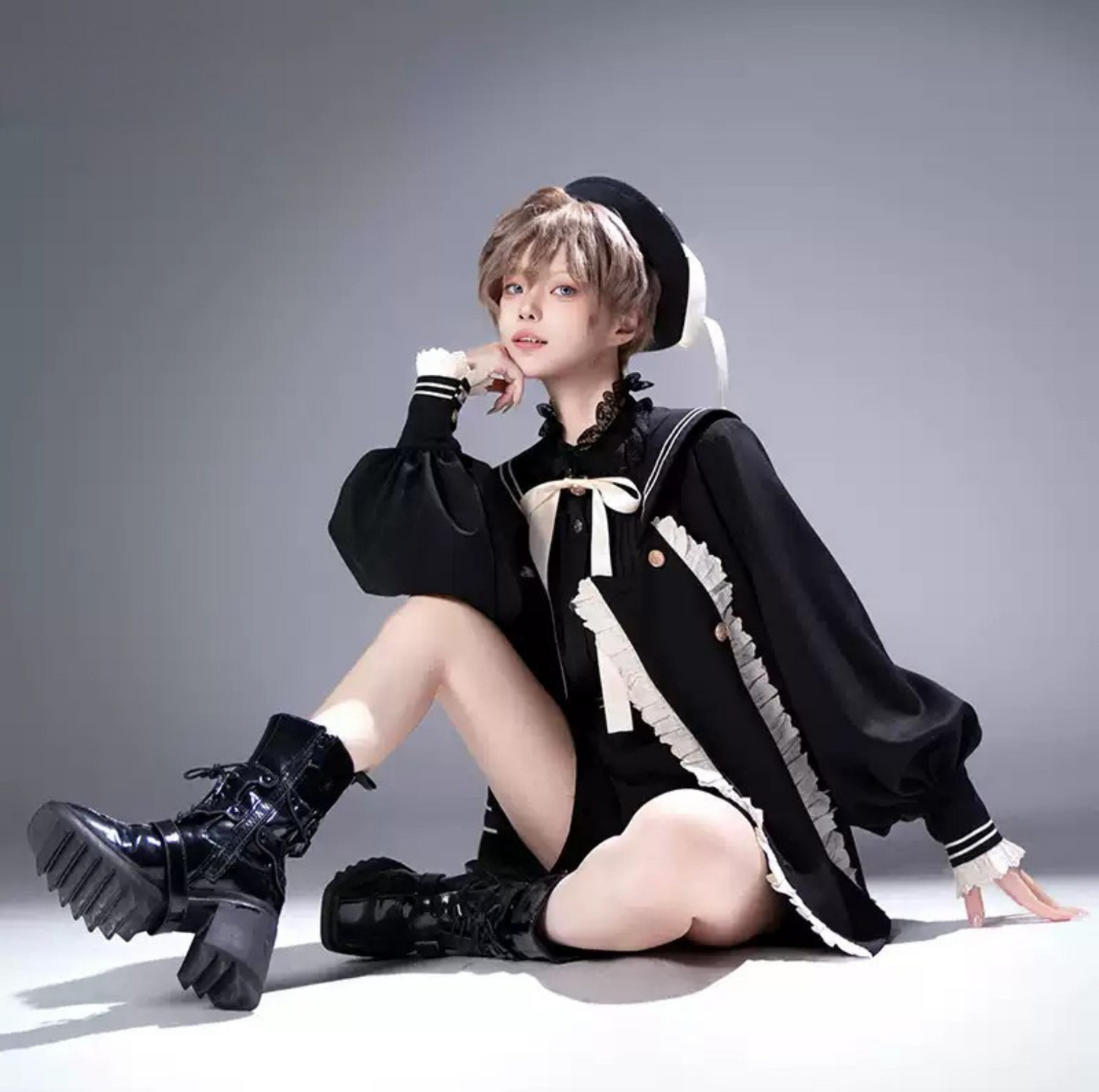 College Style Prince Sailor Collar Jacket Shorts Set + Hat