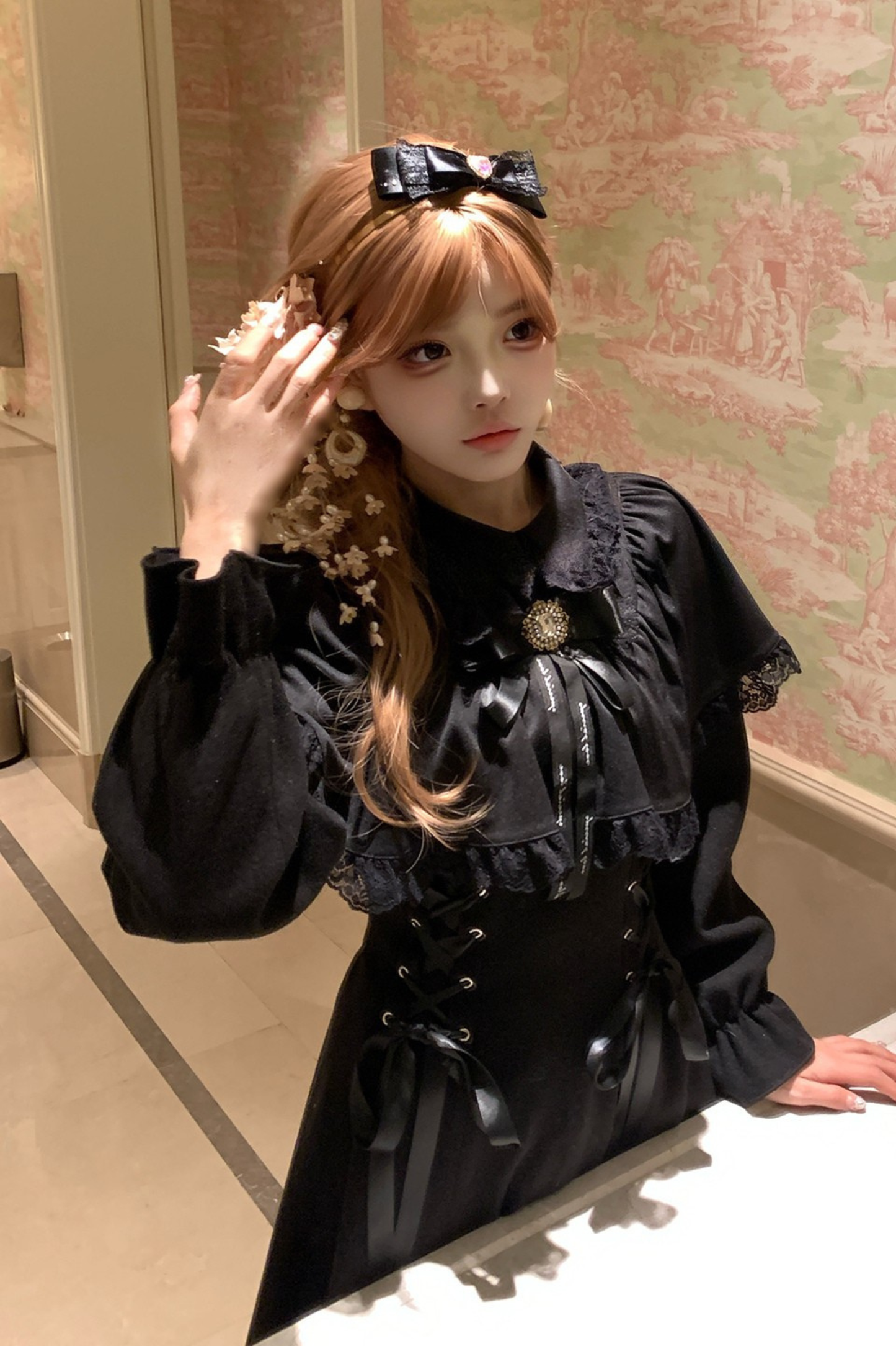 Lace-up Long Flared Cape Dress