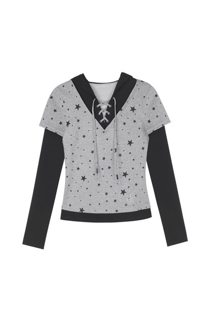 Y2K Star Design Faux Two Piece Hooded Top