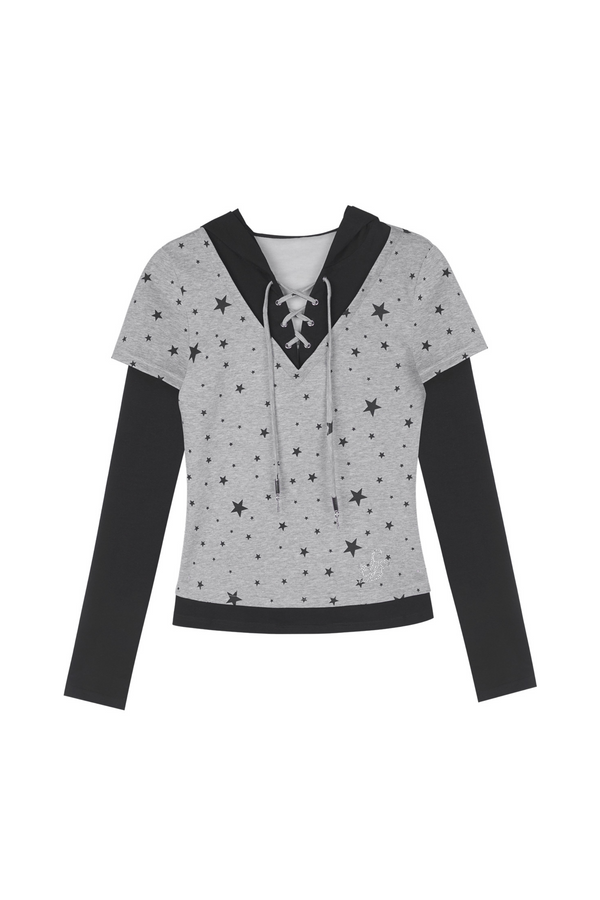 Y2K Star Design Faux Two Piece Hooded Top