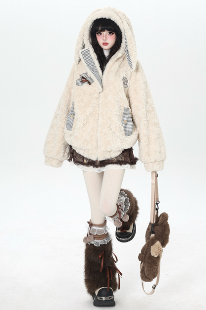 Check Long Bunny Ear Fur Jacket