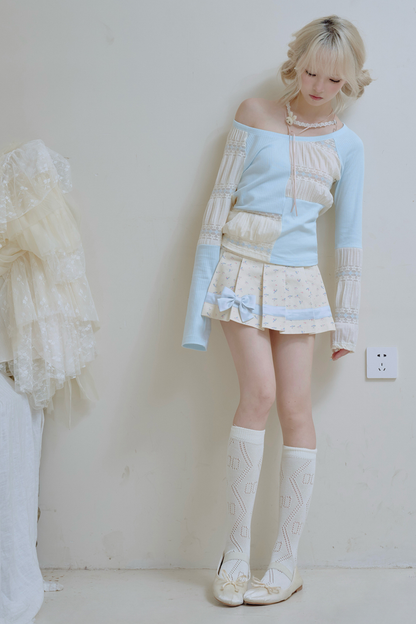 パッチワークデザインクルーネックトップス