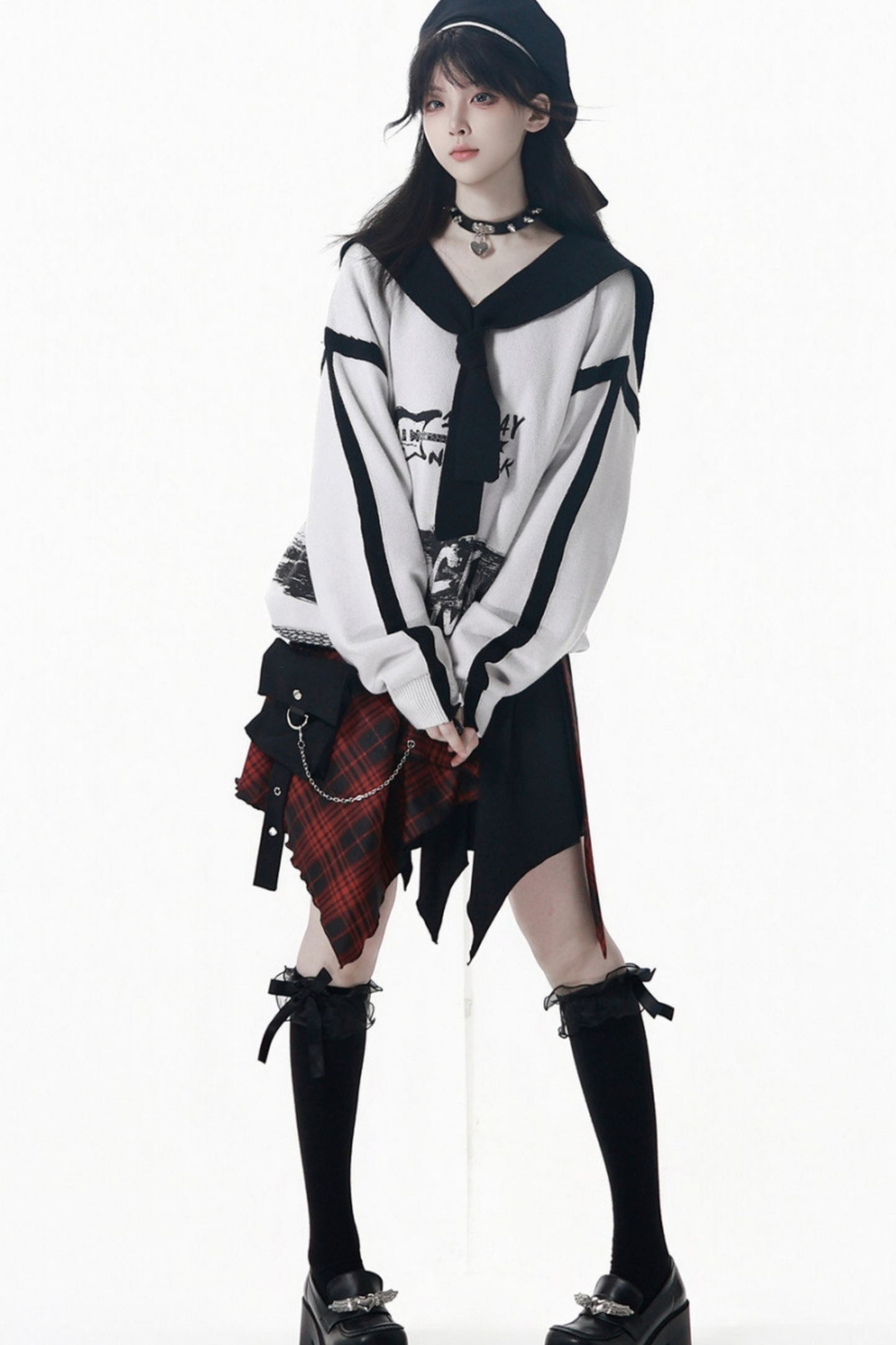 Dark Loose Sweater + Checked Asymmetrical Skirt