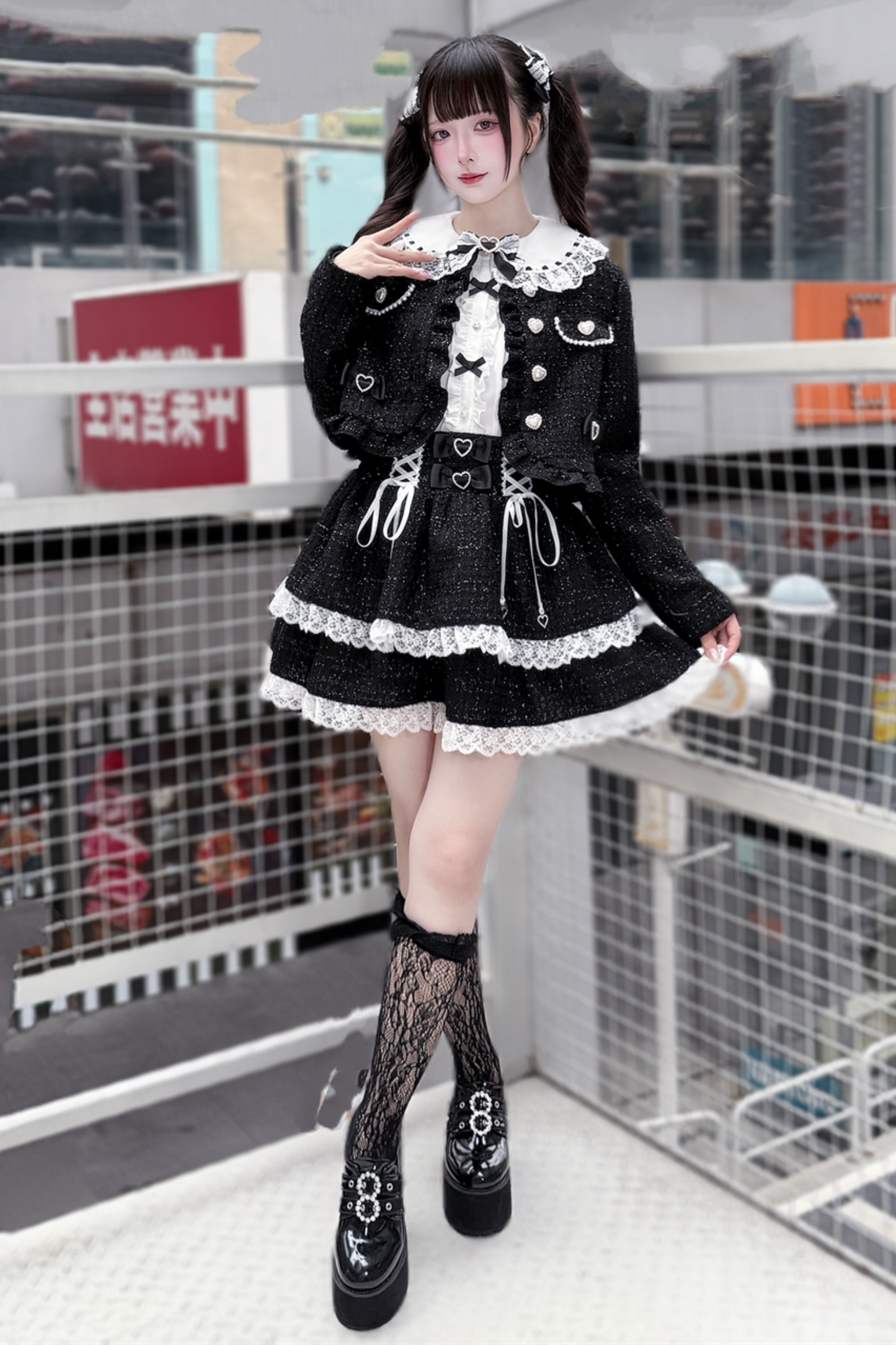 Dark Kawaii 트위드 재킷 + 셔츠 + 스커트 + 클립