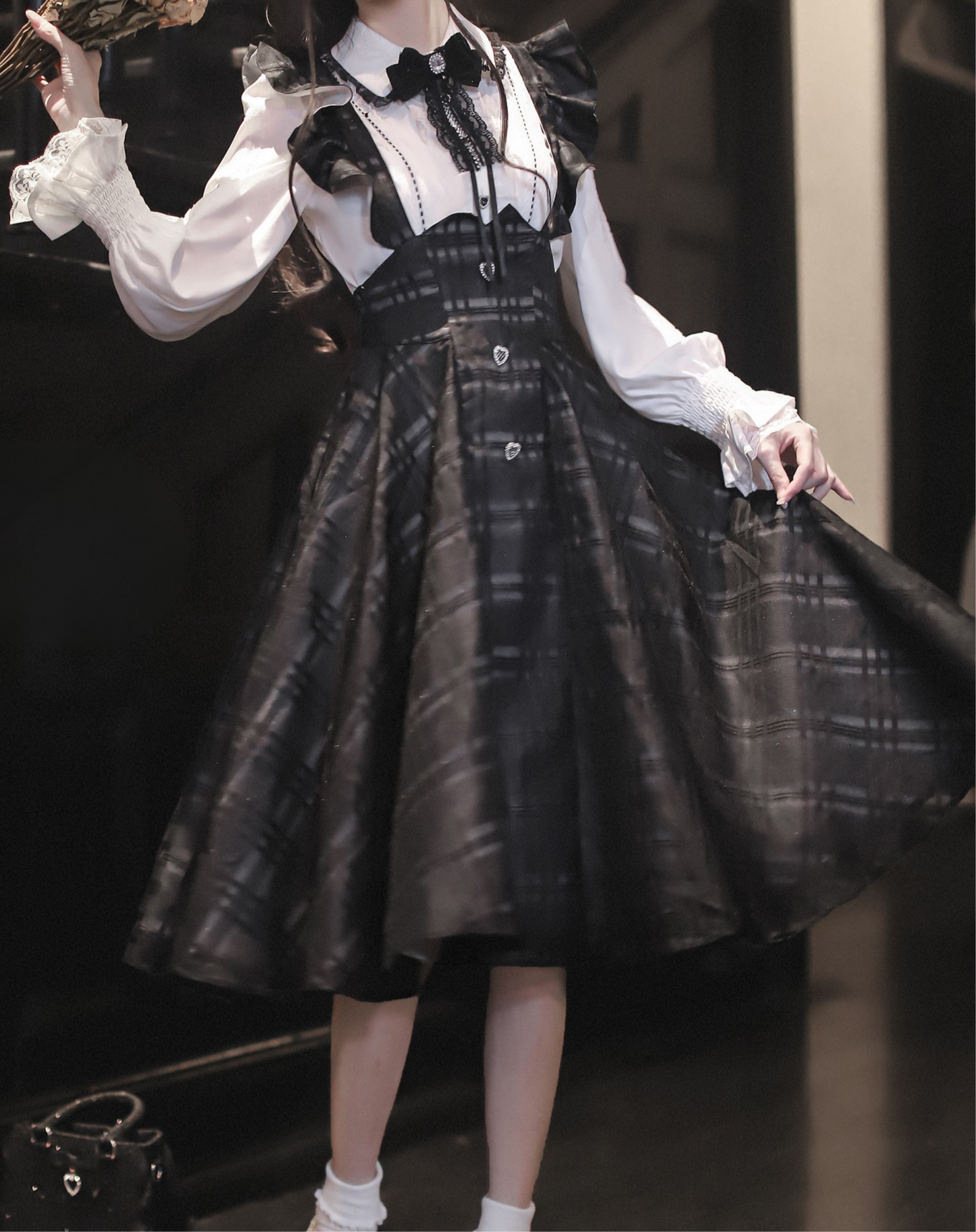 エレガントロングチェックサススカート＋シャツ＋リボン