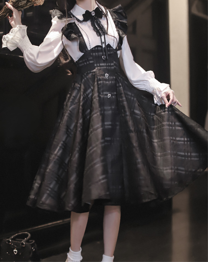 エレガントロングチェックサススカート＋シャツ＋リボン