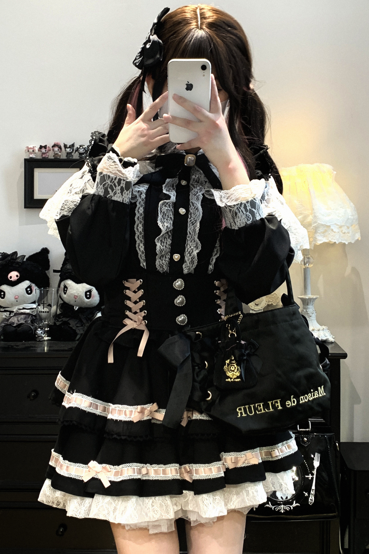 [Pre-order item] Frilled Ribbon Lace-up Suspender Skirt