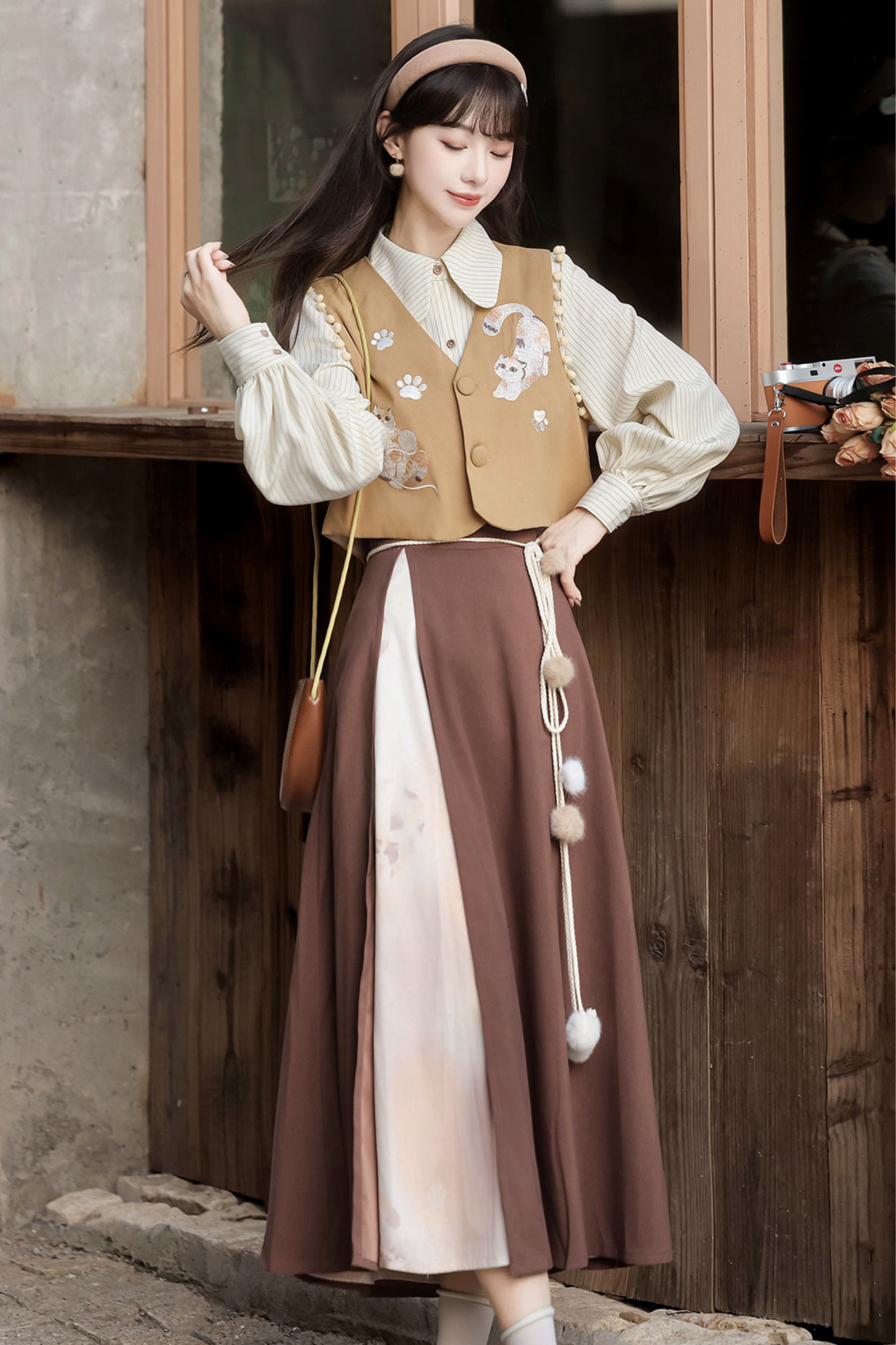 レトロキャットベスト+トップス+スカート