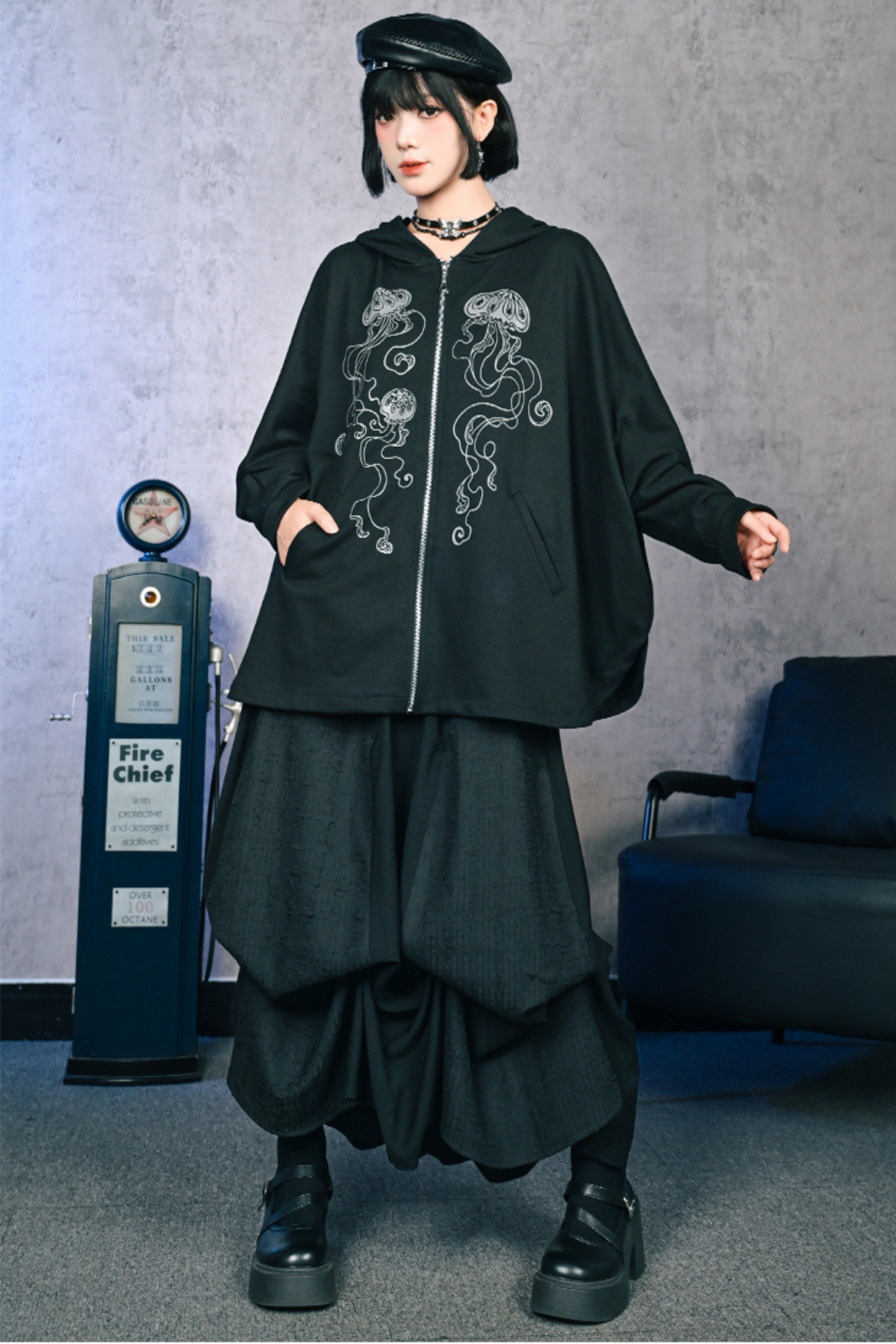 Draped Bat Sleeve Printed Hooded Hoodie