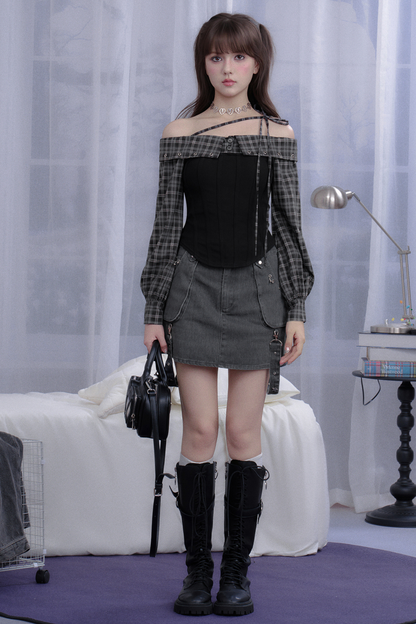 チェックオフショルダーシャツトップス