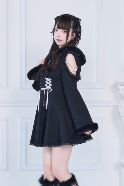 Lace-up Off-the-shoulder Fur Hooded Dress