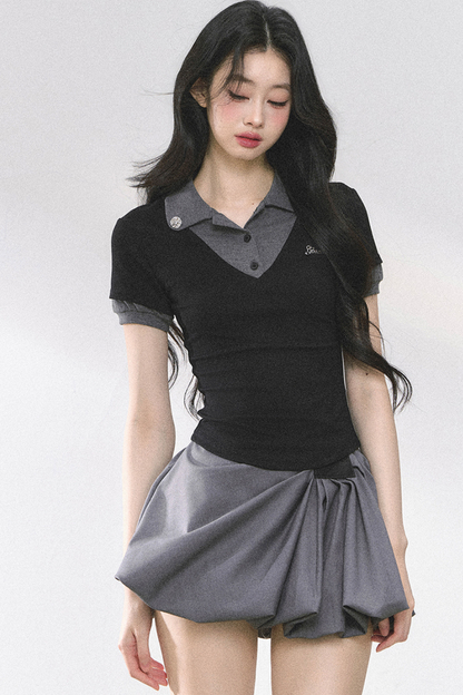 フレンチシャツタイトガーリートップス