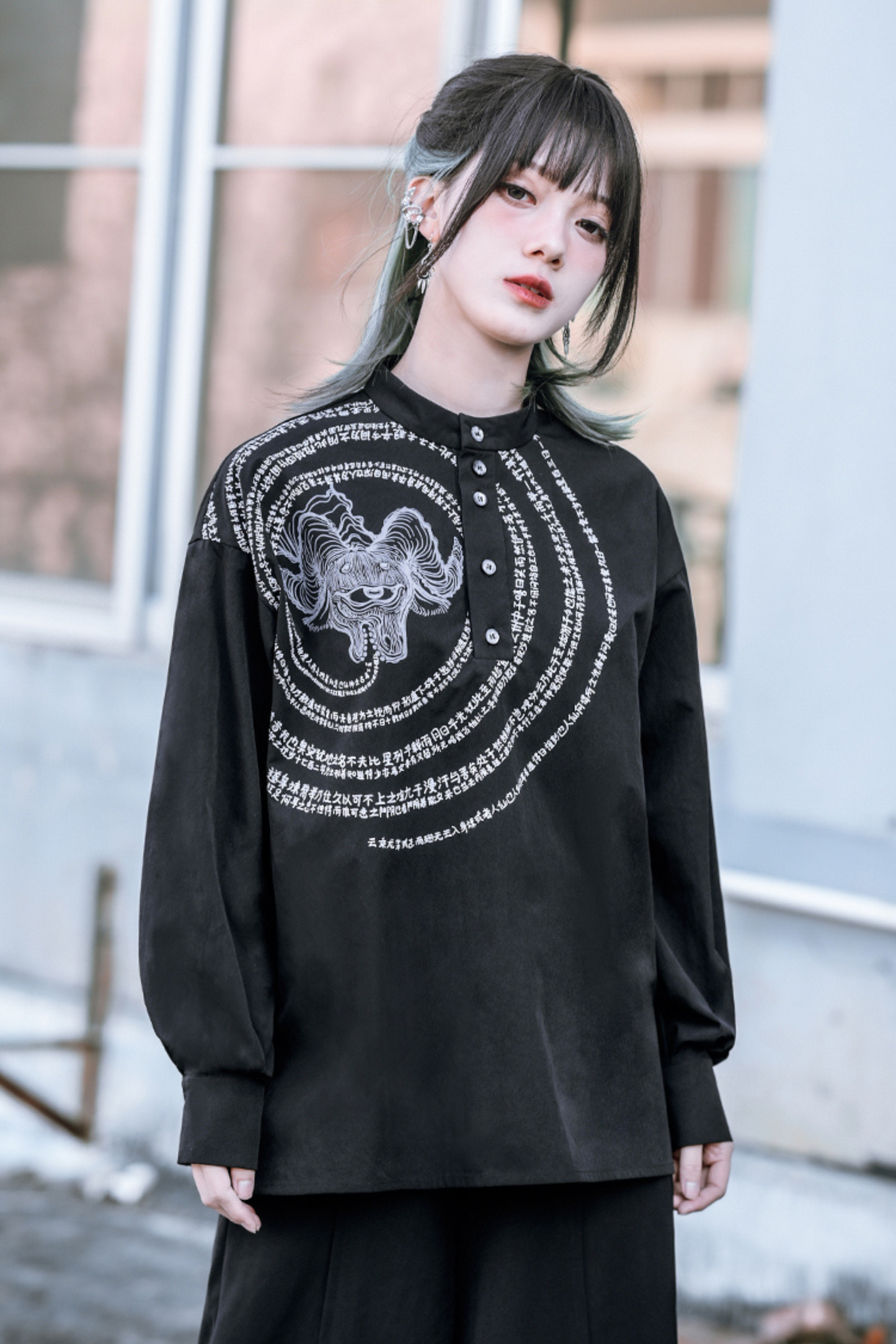 Stand collar print pullover top