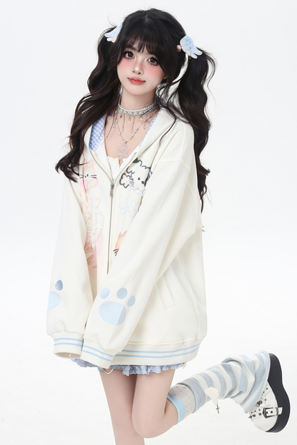 Animal Illustration Loose Zip Hoodie