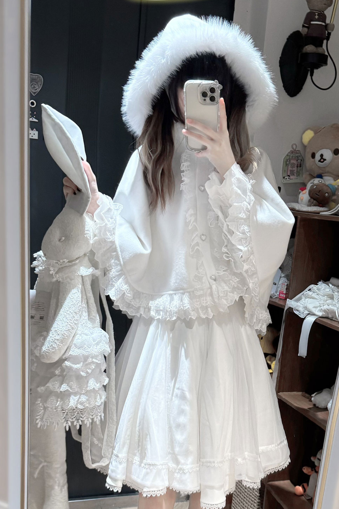 ファーフードマント+トップス+スカート