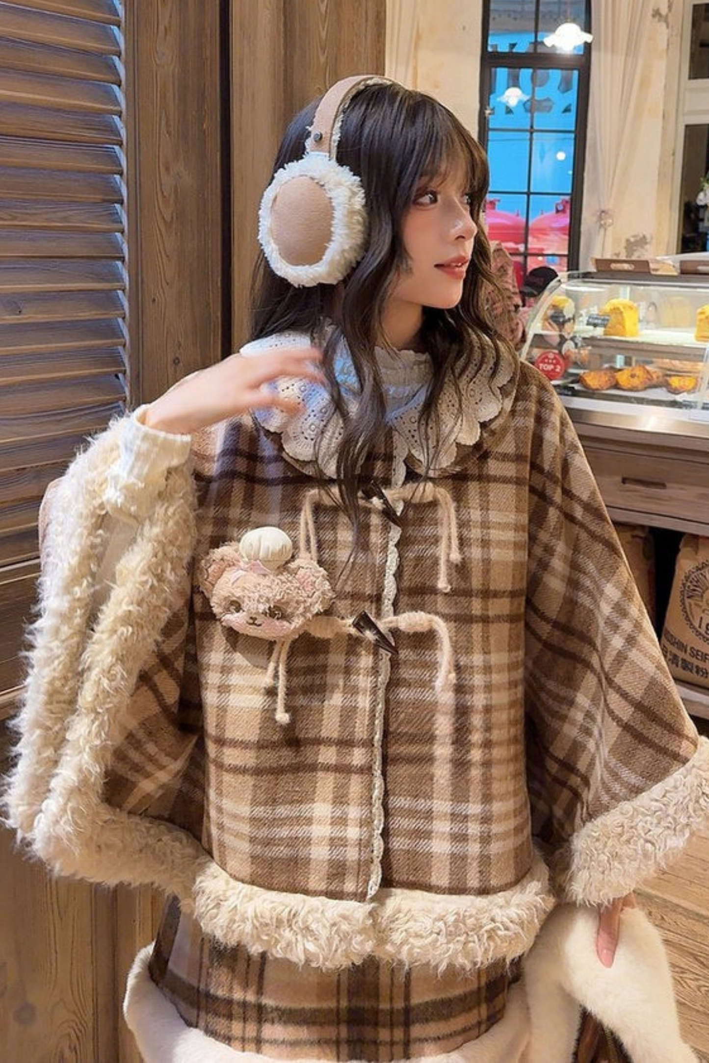 カラーブロックチェックマントコート