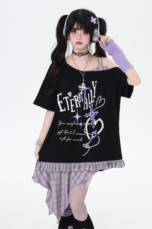 Staggered Lattice Patchwork Strapless Midi T-Shirt