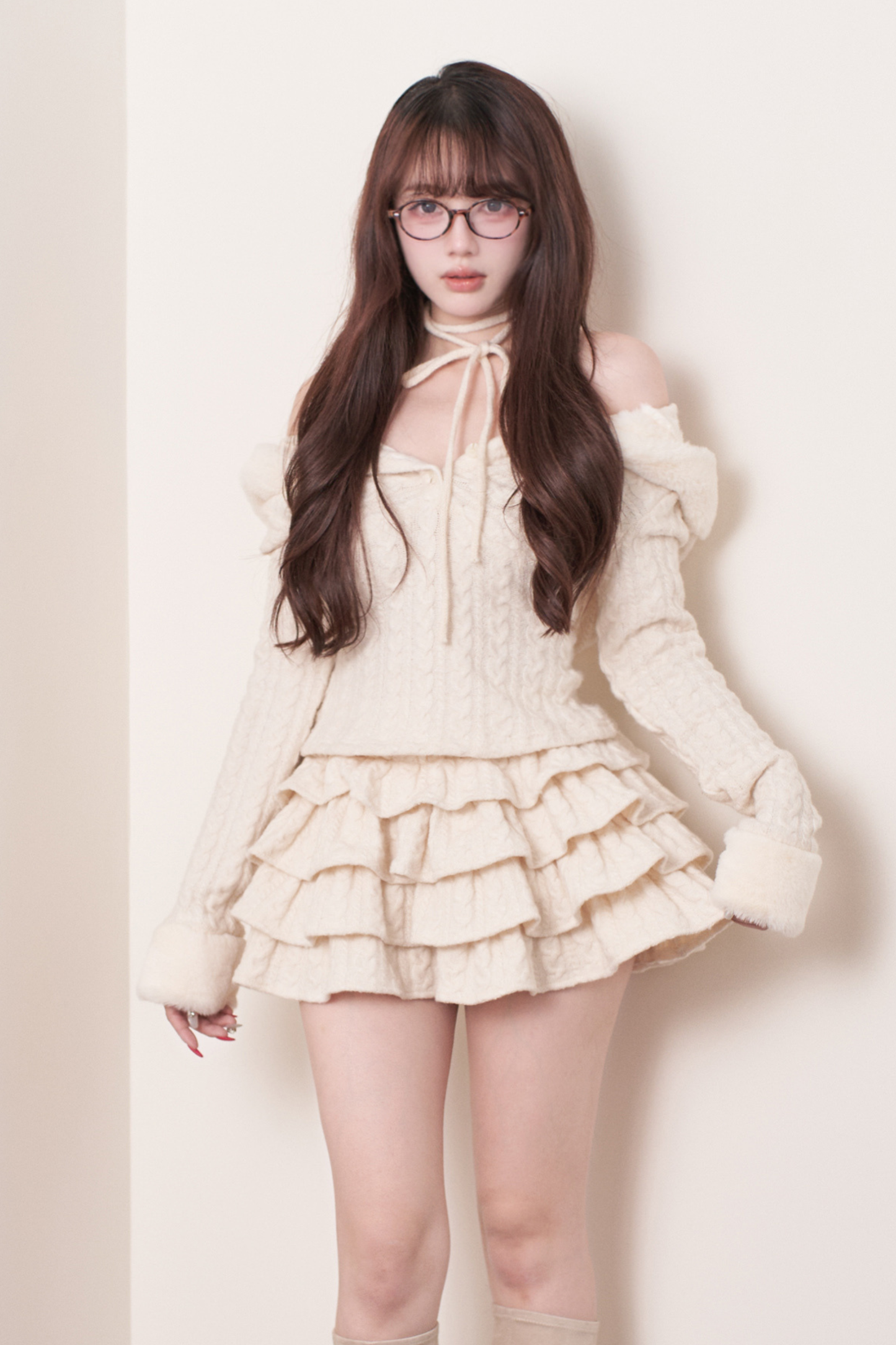 ケーブルニットトップス+ティアードスカート