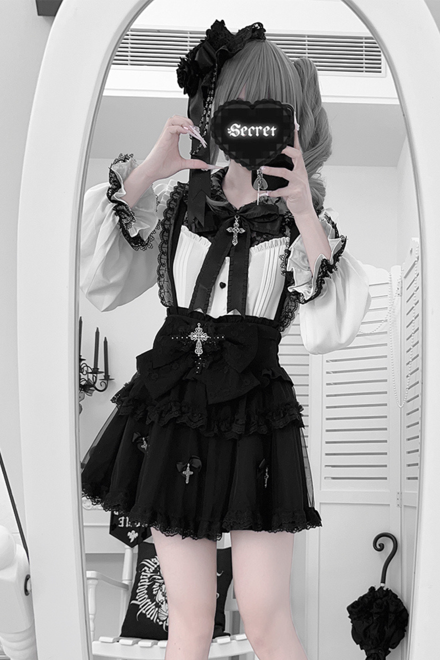 Dark windcloth shirt + skirt + ribbon