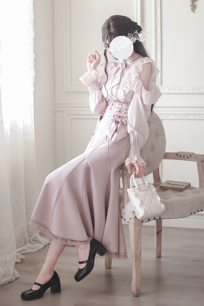 エレガントオフショルダーデザインシャツ+マーメイドスカート