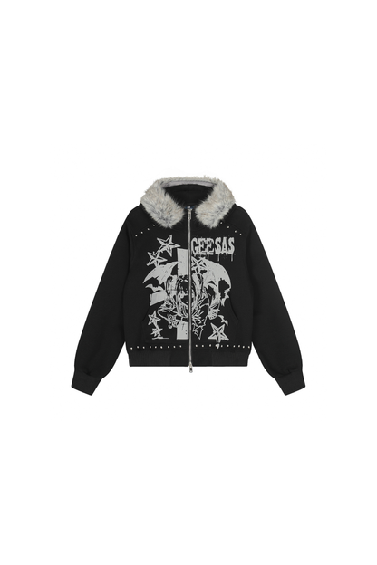 ファーカラーダークデザインフードパーカー