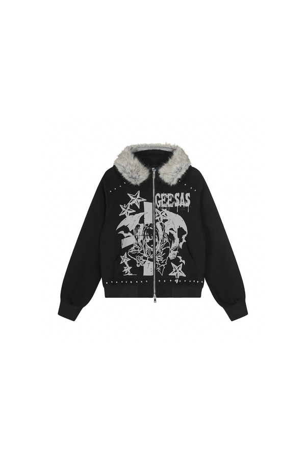 ファーカラーダークデザインフードパーカー