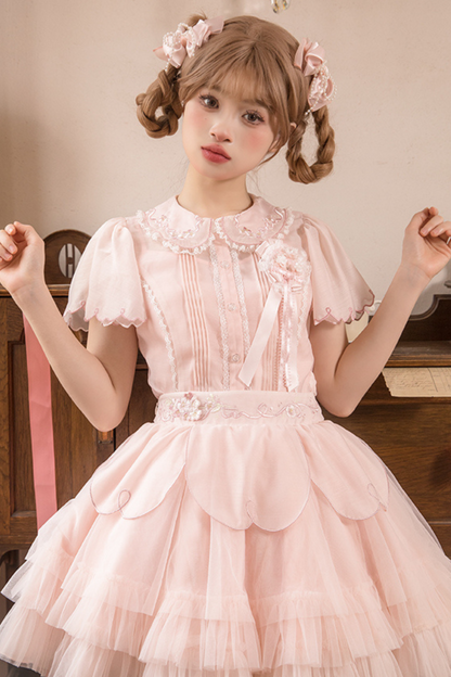 Cherry blossom color sweet princess Lolita dress + doll color top + sheer cardigan + apron