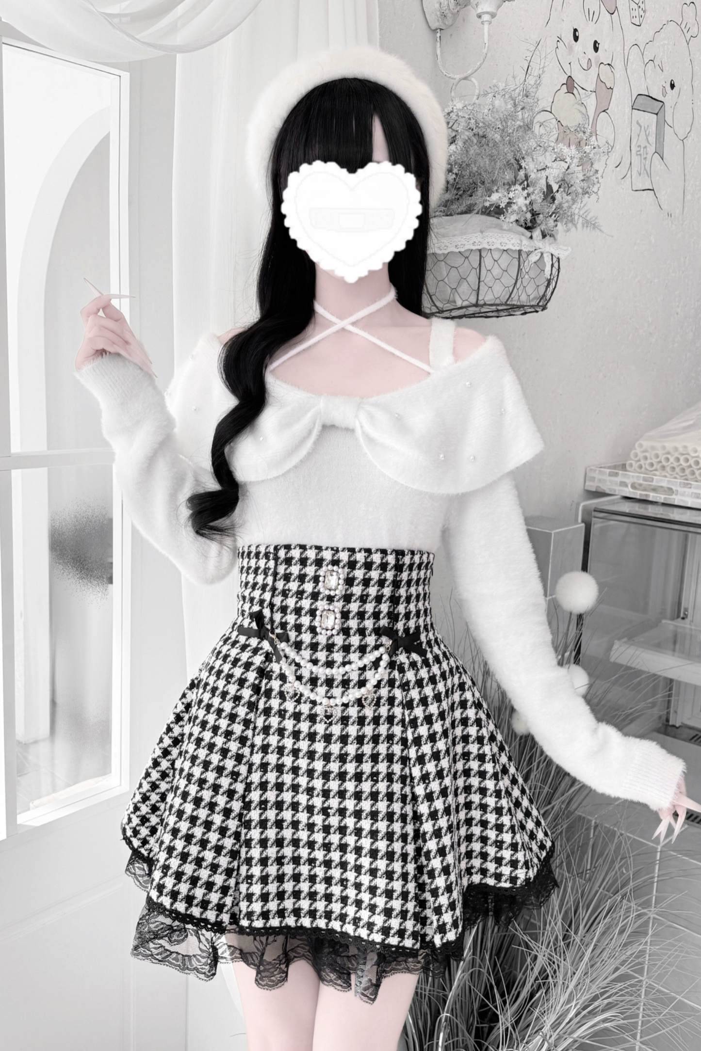 Ribbon mink velvet off-the-shoulder sweater