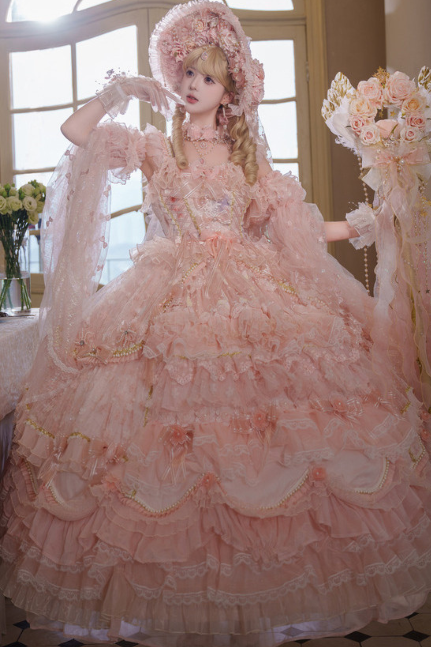 スイートフラワーゴージャスティーパーティーロングロリータドレス