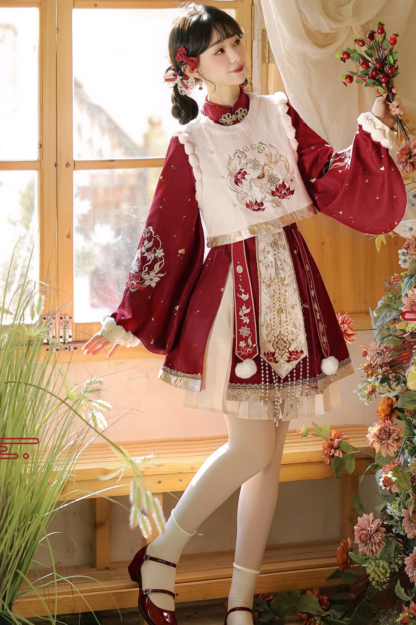 チャイナロリータレッドドレス+スカート+ベスト