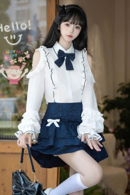 レースオフショルダーシャツ+スリミングショートスカート