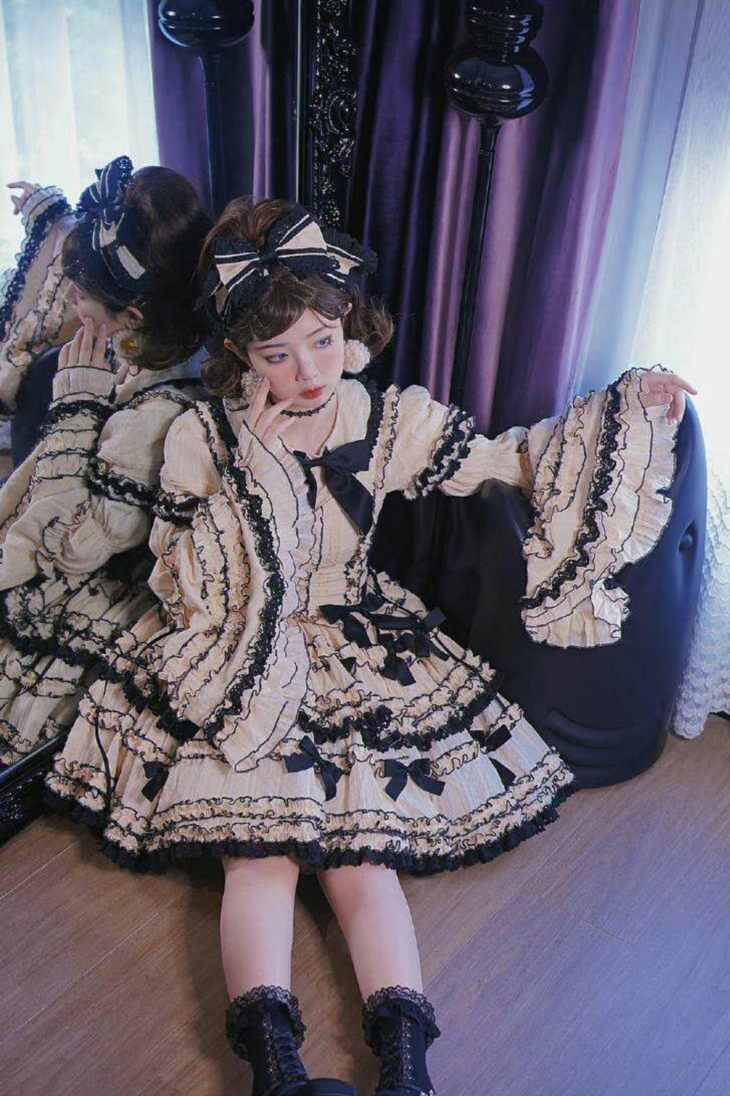 ピュアガールリボンロリータスカート+インナー+ベスト+ヘアバンド+スリーブ