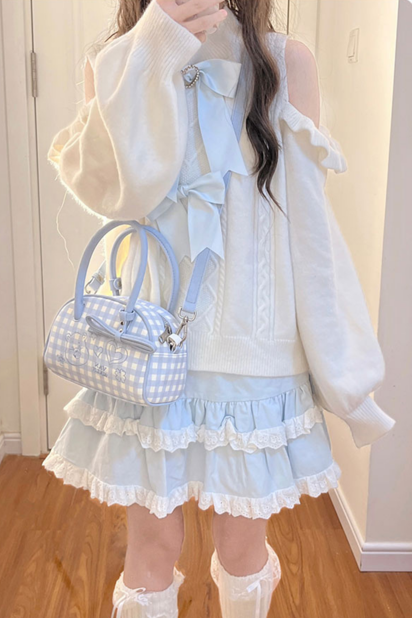 Sweet girly ribbon white aqua top