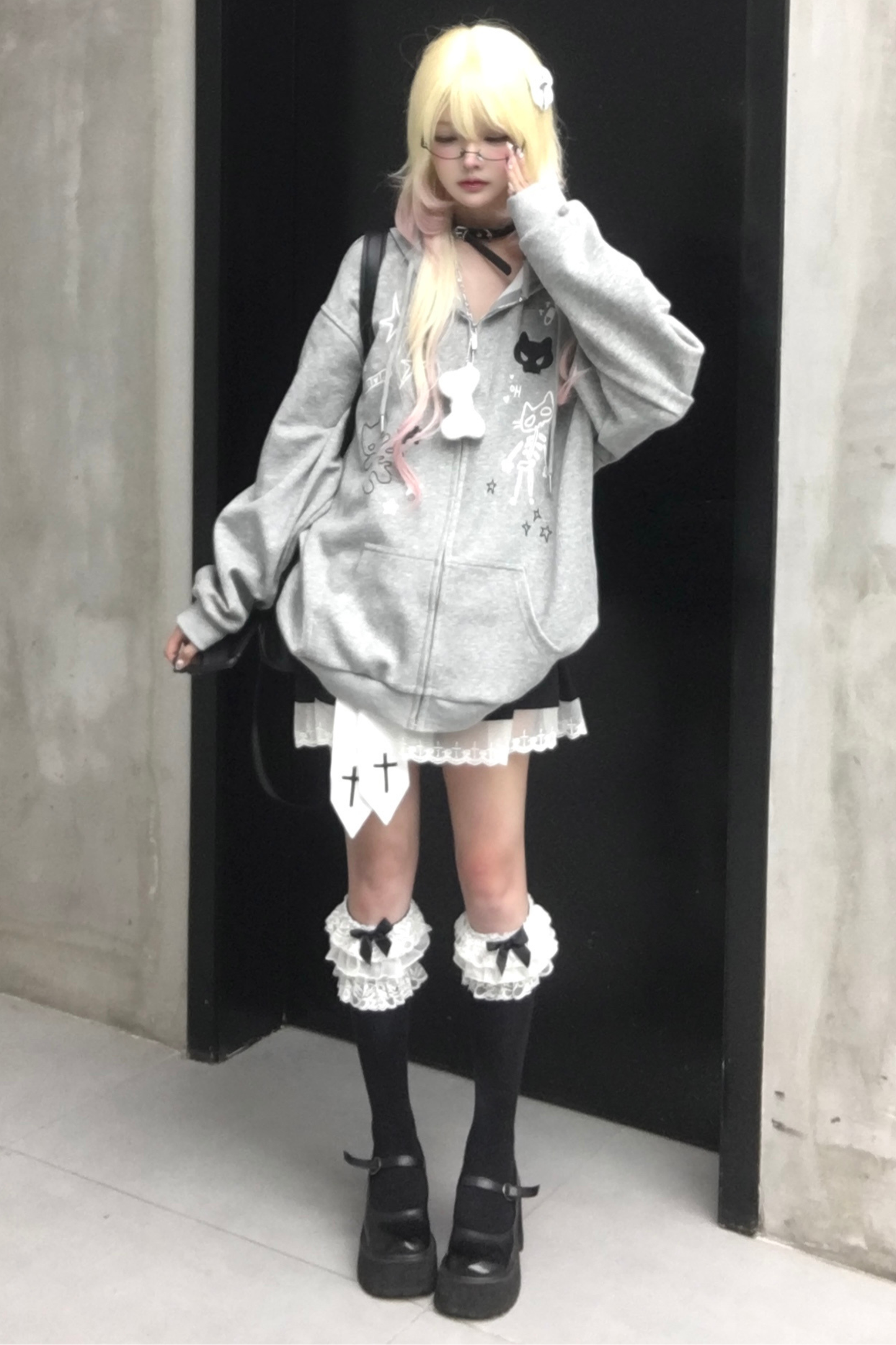 猫耳イラストデザインフードパーカー