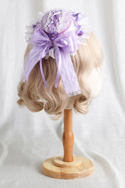 パープルブライダルリボンフラワーボンネット+ハットクリップ+ヘアバンド+リボンクリップ+スリーブ