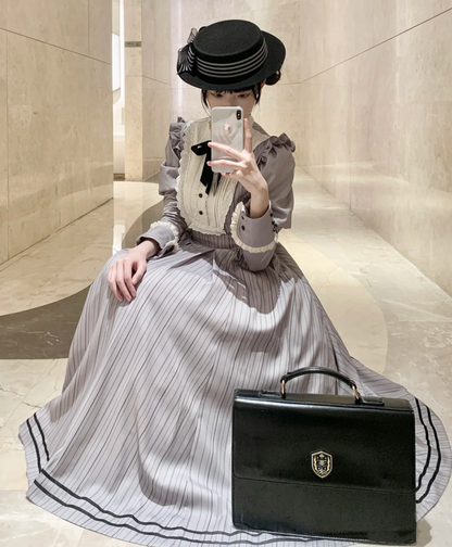 【8月18日予約締切】グレーストライプアンドフォググラデーションクラシカルドレス＋ハット＋ヘアクリップ