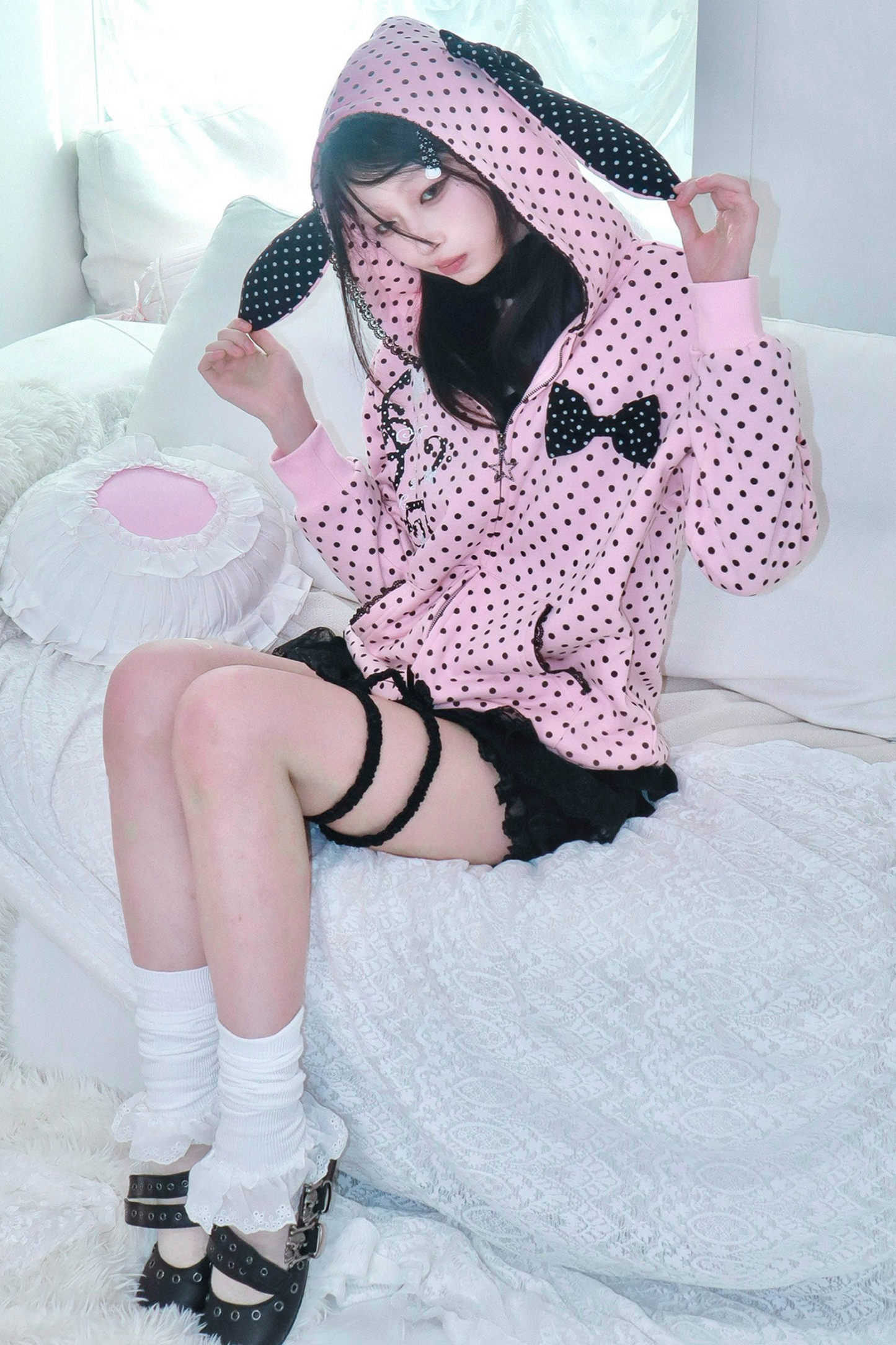 Y2Kガールドットバニーフードパーカー