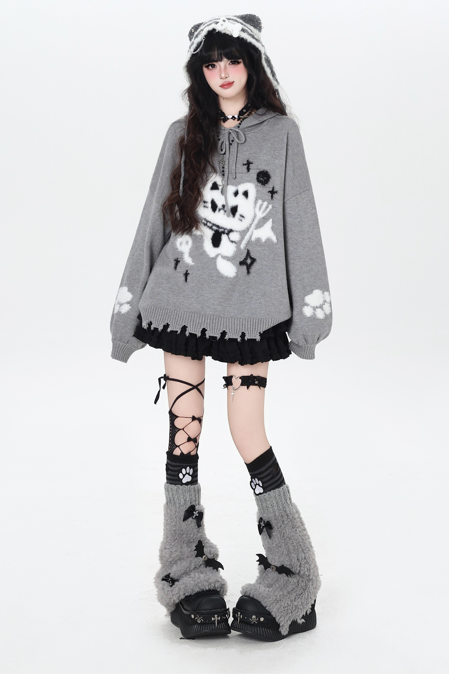 ナイトダークキャットルーズフードニット