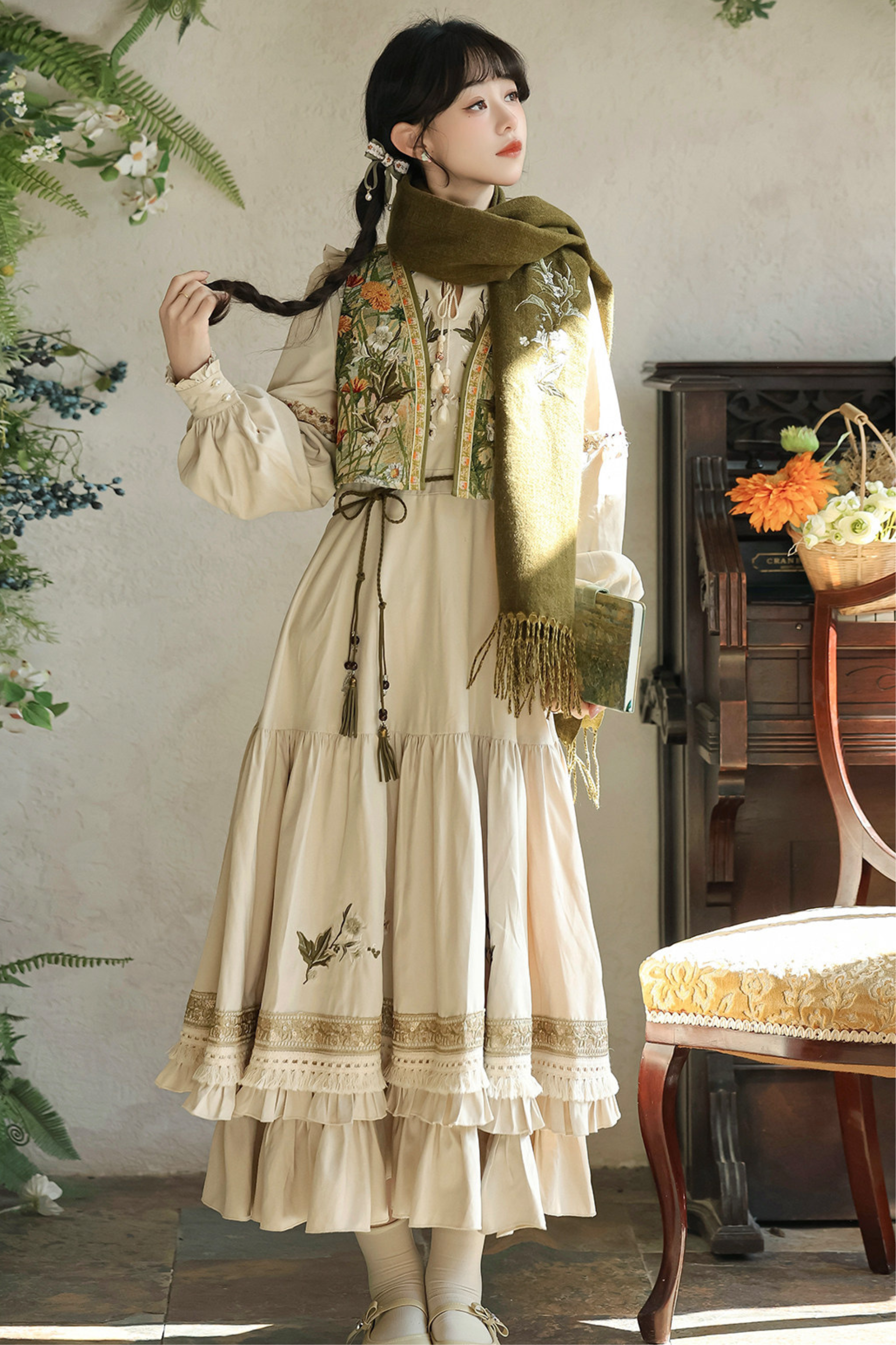 Pastoral Lolita Long Sleeve Dress + Vest + Scarf